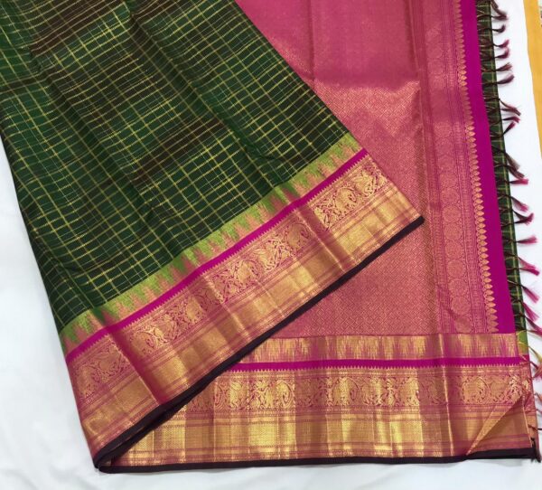 Deep Forest Green Gold Zari Check Silk Saree with Contrast Magenta Border